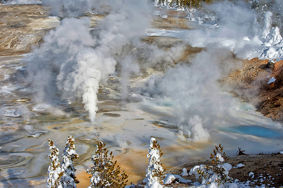 Morning, Fountain and Twig geysers, Yellowstone in Winter January 2013