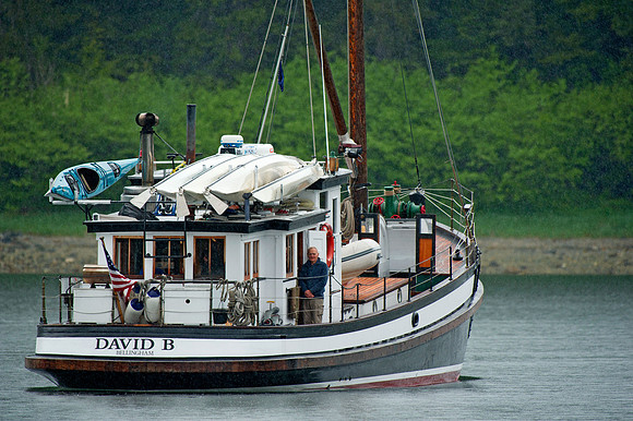 Cruising boat anchored in cove