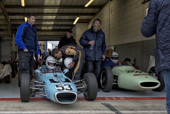 View into one of the garages at HGPCA Practice day Silverstone