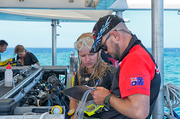 Checking out the diving gear