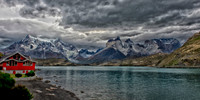 Torres del Paine Massif mountain range from Pekoe lookout showing the hotel, Torres Del Paine National Park, Patagonia, Chile .199Pan