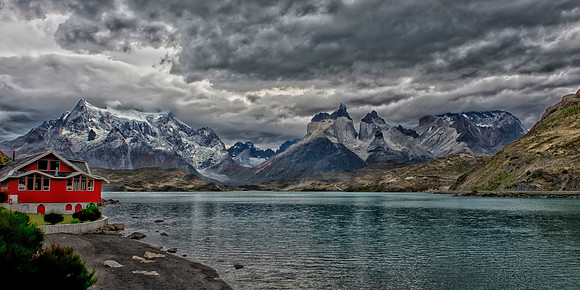 Torres del Paine Massif mountain range from Pekoe lookout showing the hotel, Torres Del Paine National Park, Patagonia, Chile .199Pan