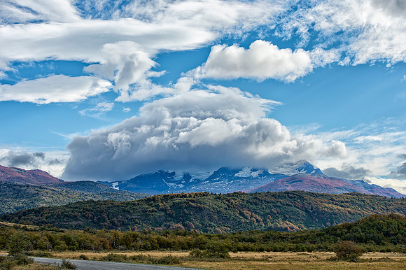 Torres del Paine Massif mountain range covered in cloud, Torres Del Paine National Park, Patagonia, Chile .637