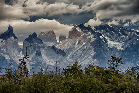 Cuernos del Paine on a cold morning from the grounds of Rio Serrano Hotel, Torres Del Paine National Park, Patagonia, Chile .057R1