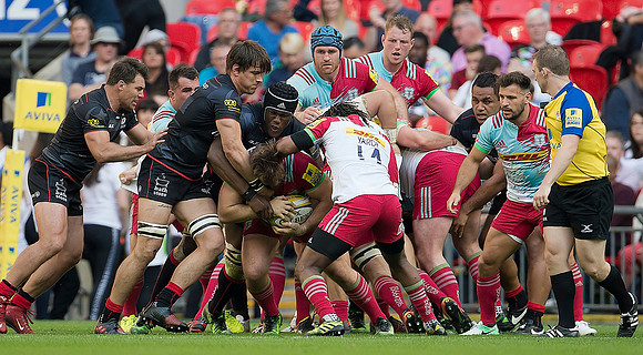 Rugby Saracens v Harlequins at Wembley Full on tackle at the Saracens v Harlequins rugby match