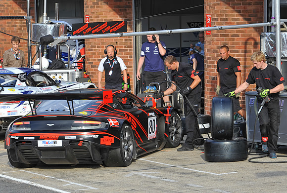 Aston Martin Vantage GT3 of the Barwell Motorsport Team in the pits
