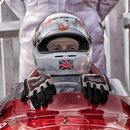 Allan Miles sits in the cockpit in the Maserati 250F