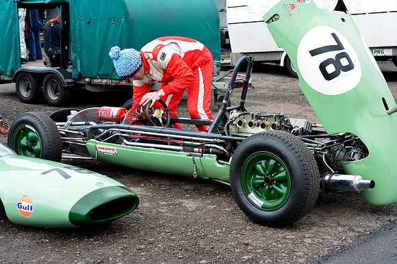 Sam Smeeth with his 1962 Lotus 22 in the paddock at Thruxton