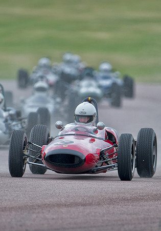Andrew Hibberd leads the pack in the 1962 Lotus 22 at Thruxton Historic Racing