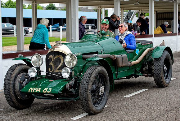 Peter Little in the 1926 Bentley 3.4 1/2L in the pit lane with guest at Benjafield's Sprint