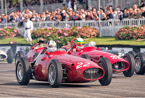 Allan Miles surges ahead of Jose Albuquerque  at the start in the Maserati 250F, Richmond Trophy race.