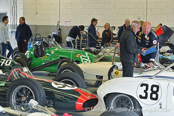 A busy garage at the HGPCA Practice day Silverstone